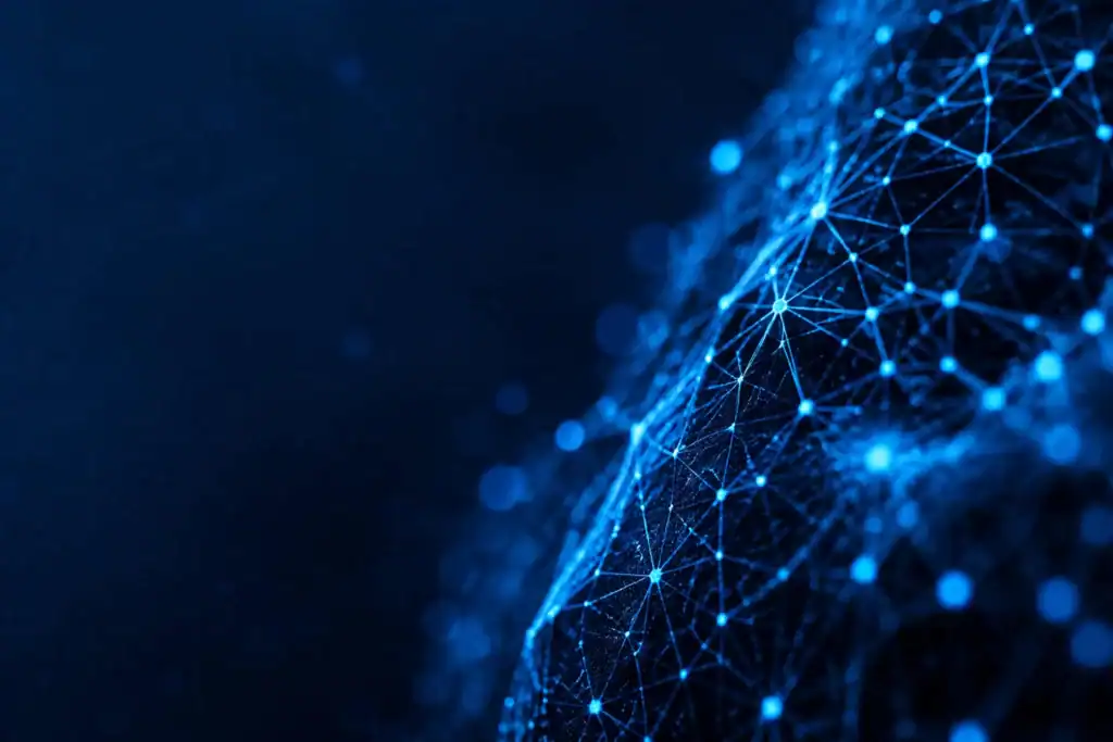 Blue neural network of glowing nodes linked by streaming data connections