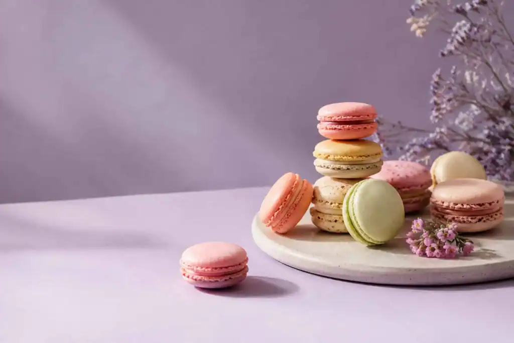 Rows of pastel French macarons in pink, mint and lilac arranged on a light dessert display