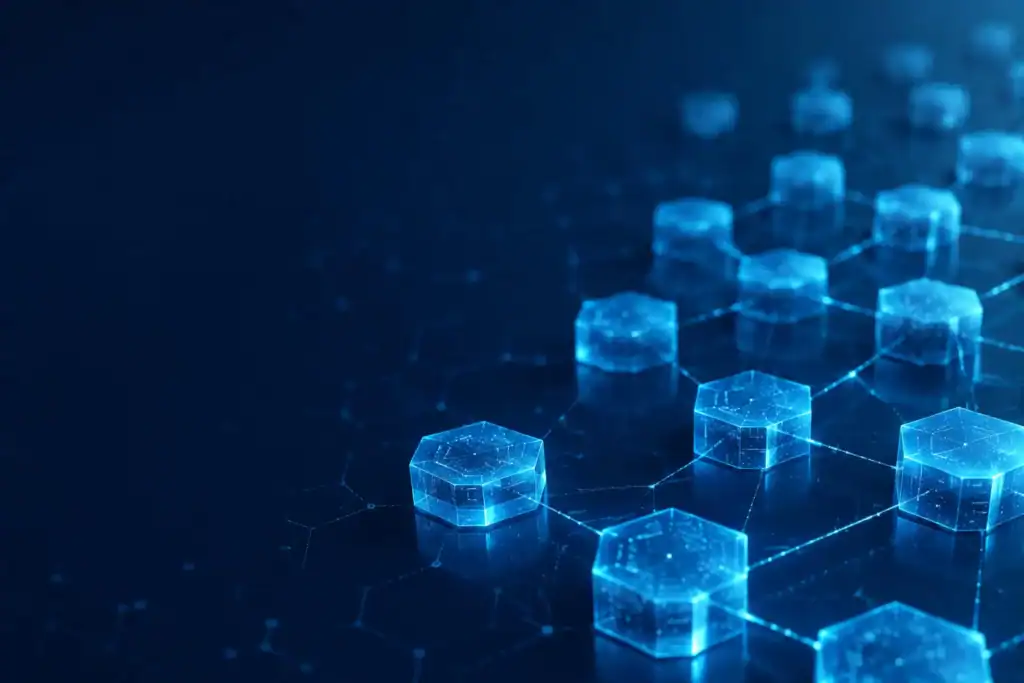 Interconnected glowing hexagons forming a blockchain network across a deep blue background