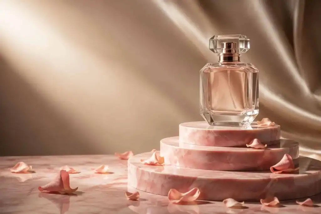 Perfume bottle on a blush pink marble podium scattered with rose petals in soft studio light