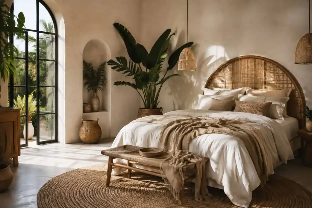 Bohemian bedroom with a rattan headboard, layered linen bedding, woven baskets and trailing plants