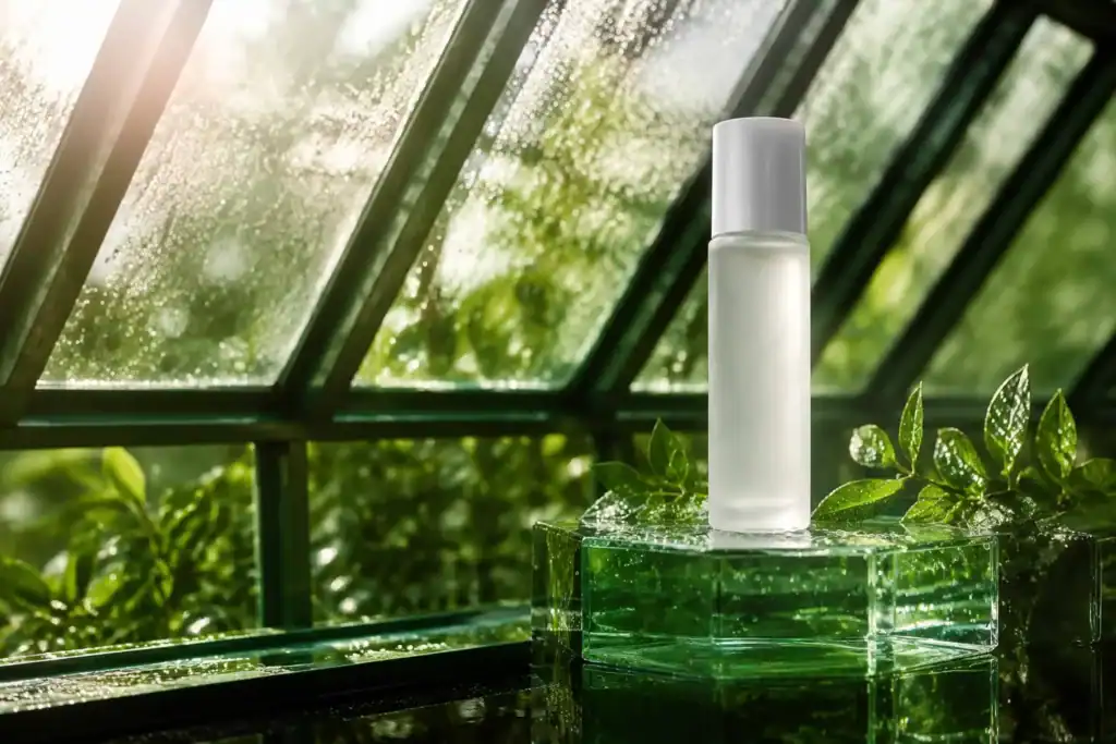 Green tea facial toner bottle on a frosted glass podium with fresh leaves in soft daylight