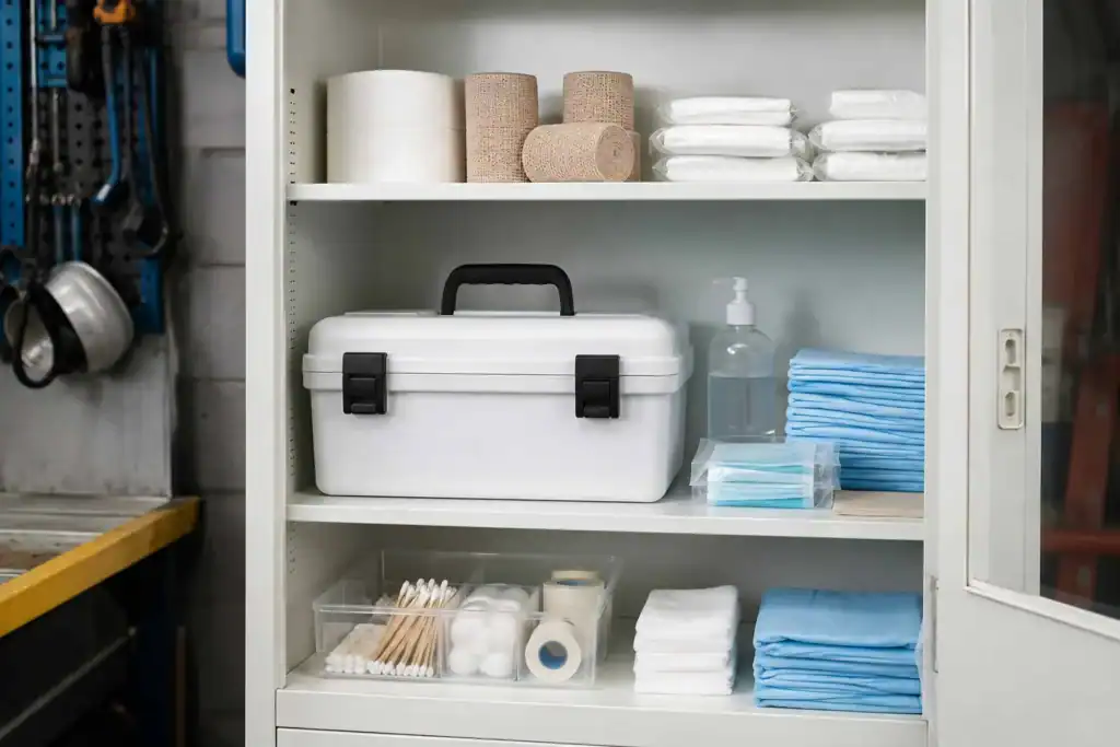 Open first aid kit with bandages, gauze and medical supplies laid out on a construction site workbench
