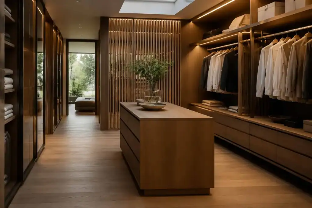 Luxury walk-in wardrobe with neutral cabinetry, folded clothing, handbags and warm shelf lighting