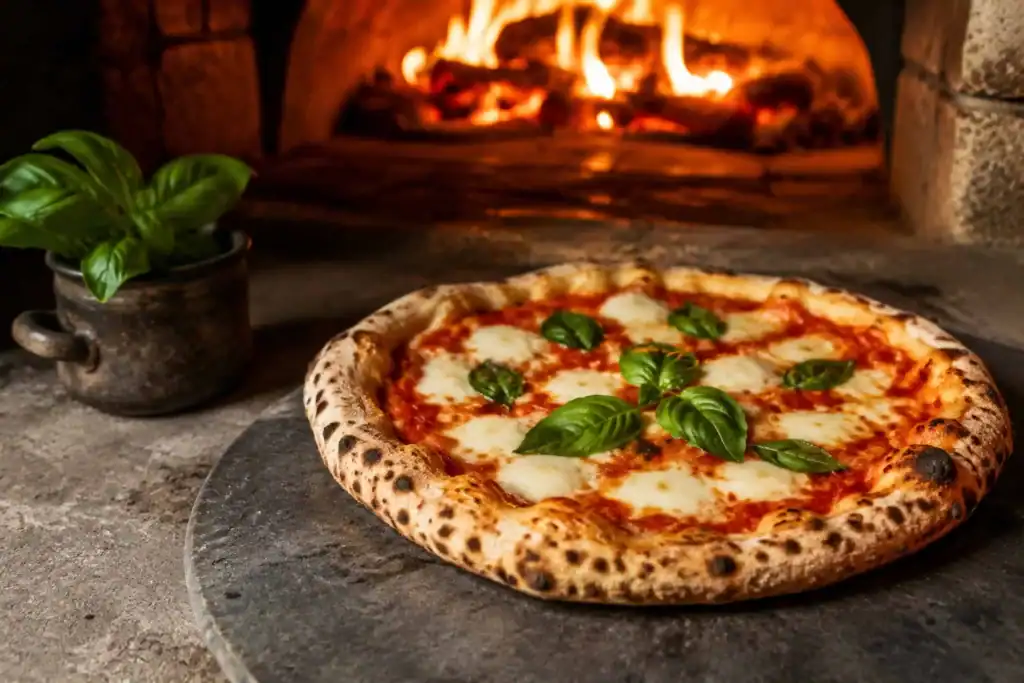 Freshly baked Neapolitan pizza topped with mozzarella, tomato and basil leaves on a rustic surface