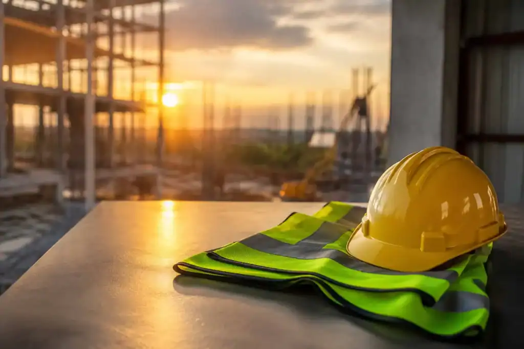 High visibility orange safety vest and white helmet on a construction site at sunset