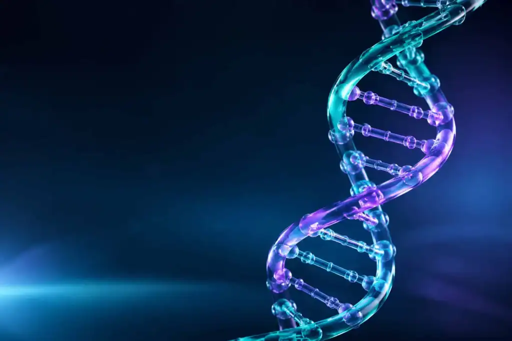 Glowing holographic DNA double helix over an abstract blue medical technology background