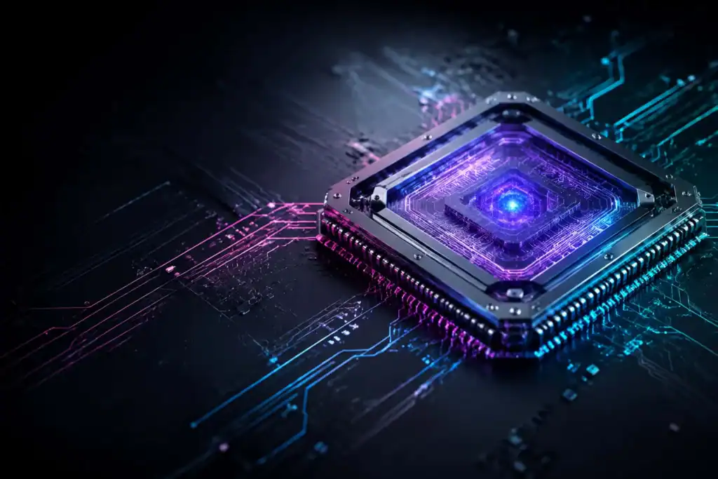Abstract processor chip on a circuit board glowing with neon blue and violet light