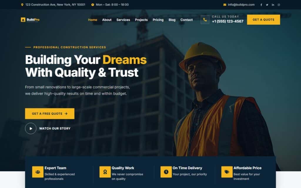Homepage of the BuildPro website template