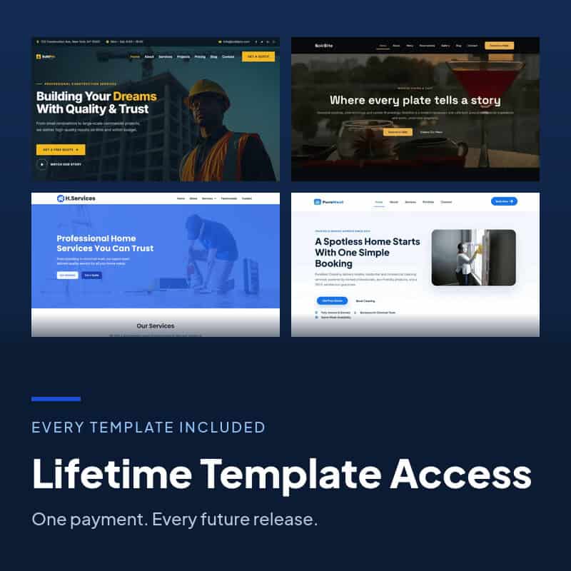 Lifetime Template Access: the BuildPro, NoirBite, Home Services and PureNest Cleaning Elementor template kits shown together.