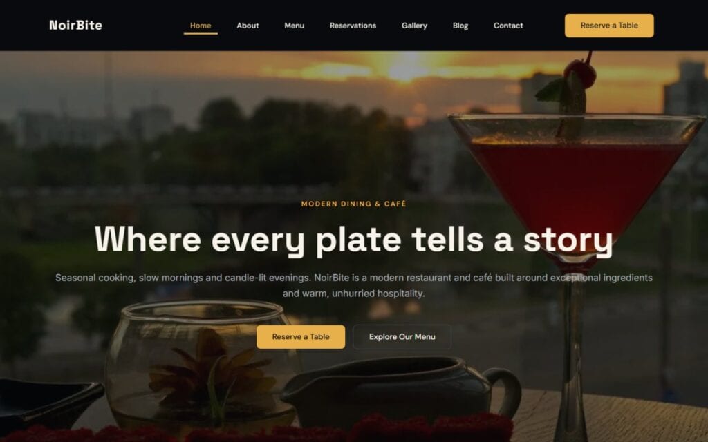 Homepage of the NoirBite website template