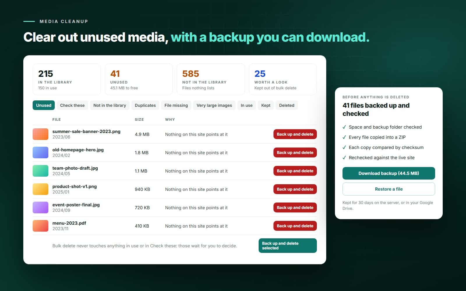 Media cleanup: unused files with the reason each is listed, Back up and delete buttons, and a checked backup that can be downloaded or restored.