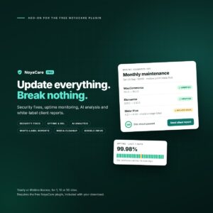 NoyaCare Pro: Update everything. Break nothing. A maintenance run with verified updates, a rollback and a site check, and seven days of uptime.