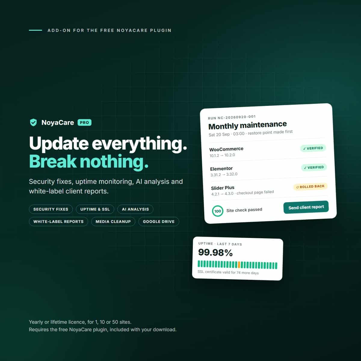 NoyaCare Pro: Update everything. Break nothing. A maintenance run with verified updates, a rollback and a site check, and seven days of uptime.
