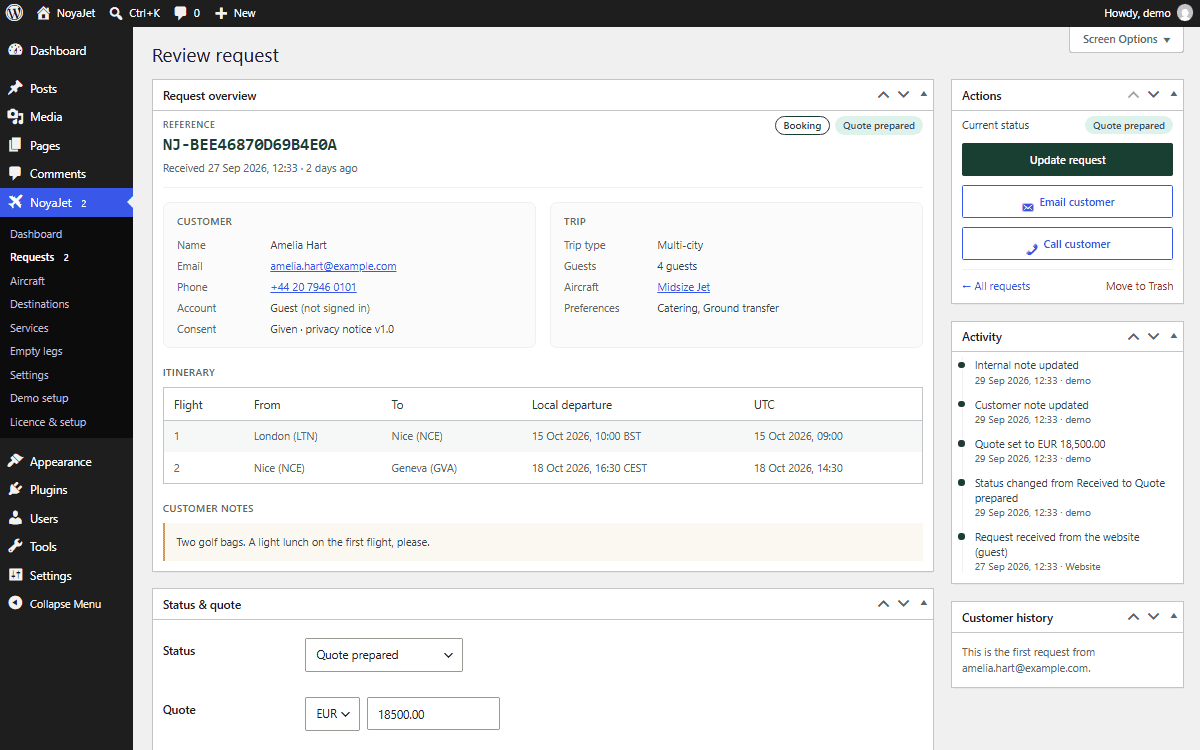 NoyaJet request screen with a multi-city itinerary, a quote and the activity log