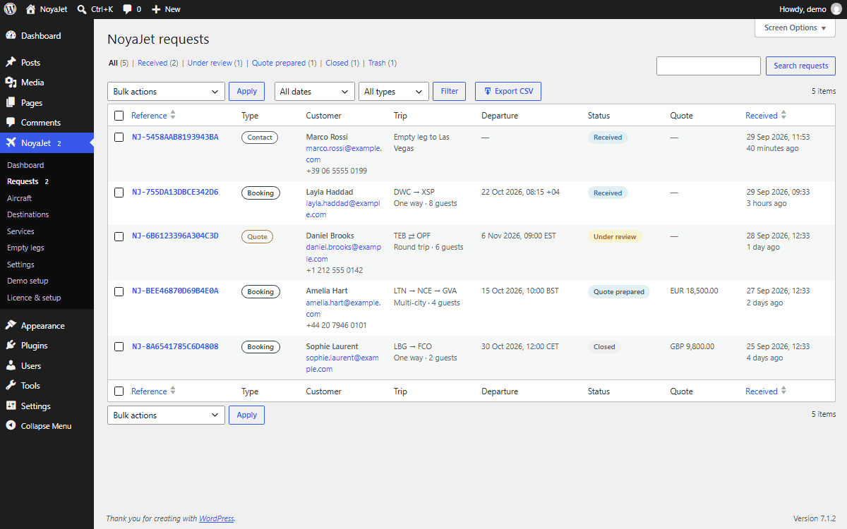 NoyaJet requests list with status tabs, filters and CSV export