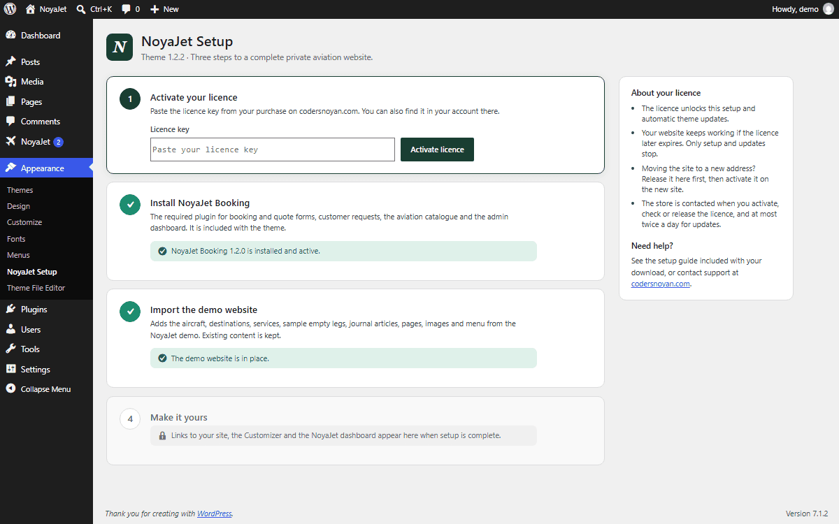 NoyaJet Setup wizard: licence, bundled plugin and demo import