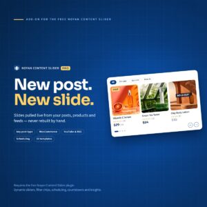 Noyan Content Slider Pro: a WordPress slider filled automatically from a query, showing WooCommerce products with prices, star ratings, a sale badge and filter chips.