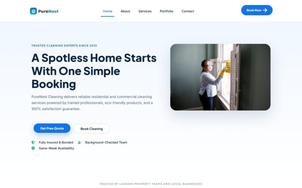 Homepage of the PureNest Cleaning website template