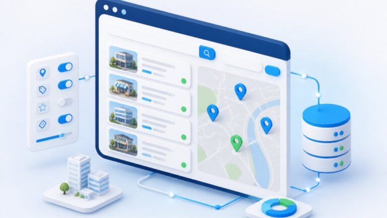Dynamic directory website illustration: listings with filters and a map