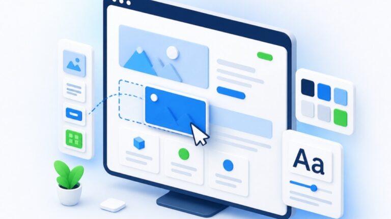 Elementor design and redesign illustration: drag-and-drop page sections on a screen