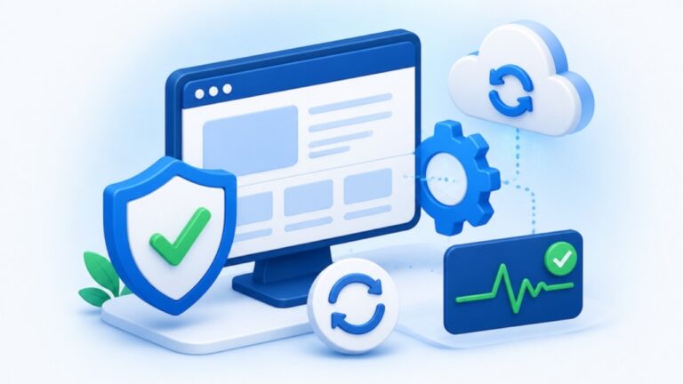 Website maintenance and care illustration: updates, backups and security checks
