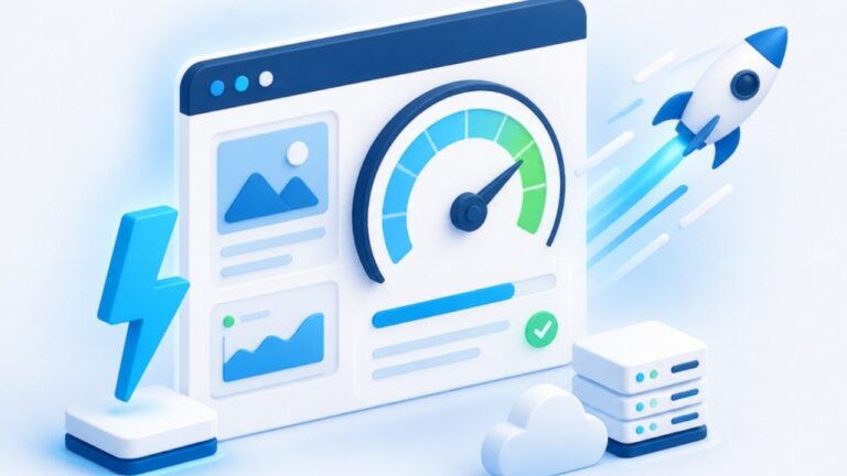 Website speed optimization illustration: fast page load and performance score