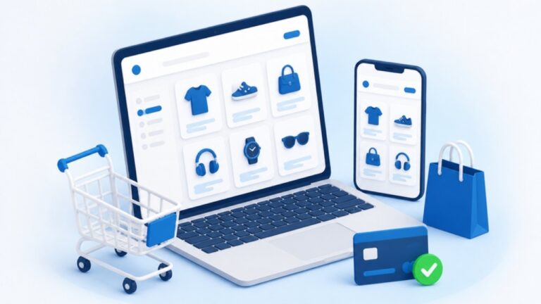 WooCommerce store illustration: online shop with products, cart and secure checkout