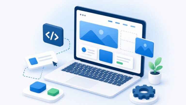 Custom WordPress development illustration: a website being built with code and layout blocks