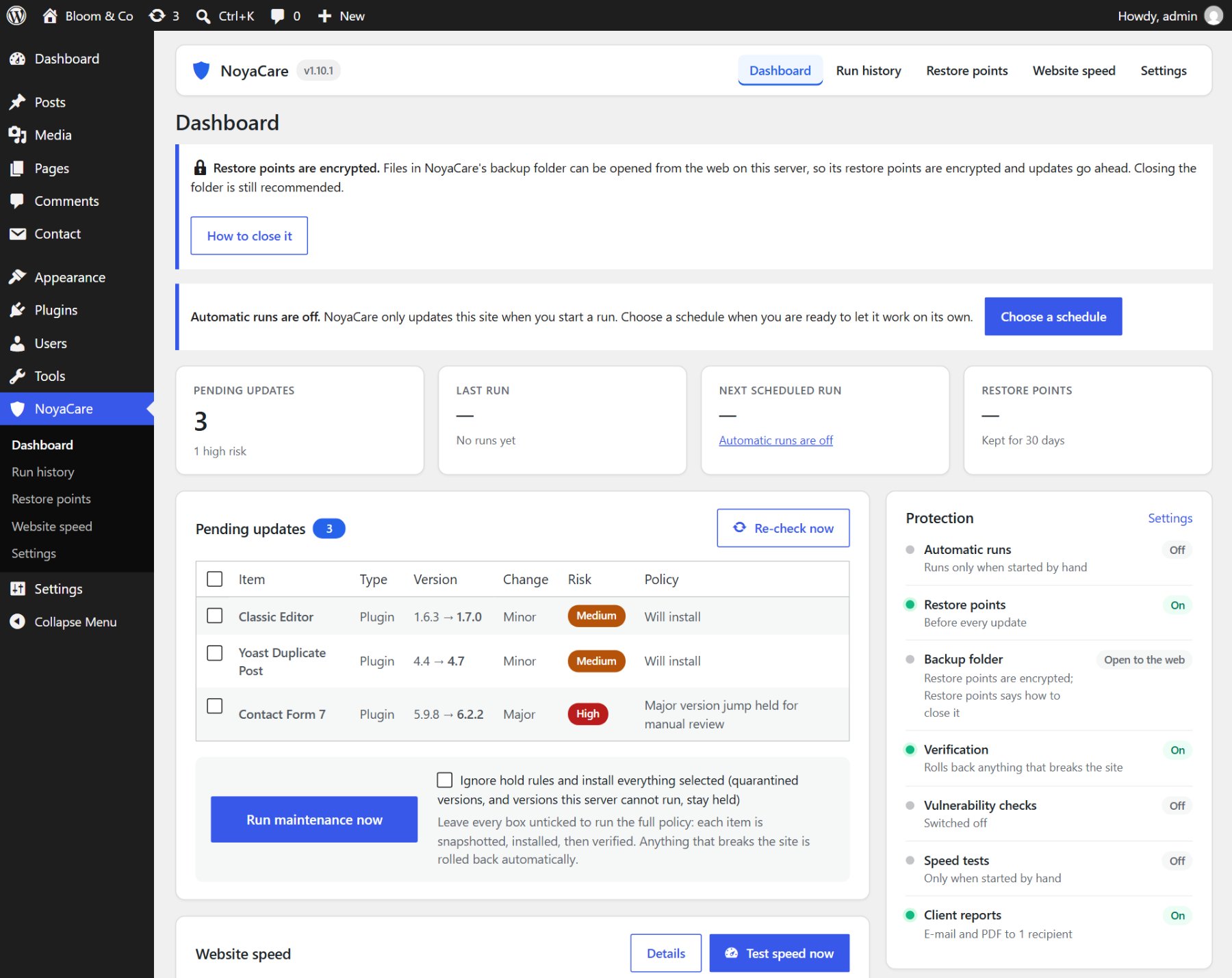 NoyaCare dashboard with the pending plugin updates, their risk and what the update policy will do with each one