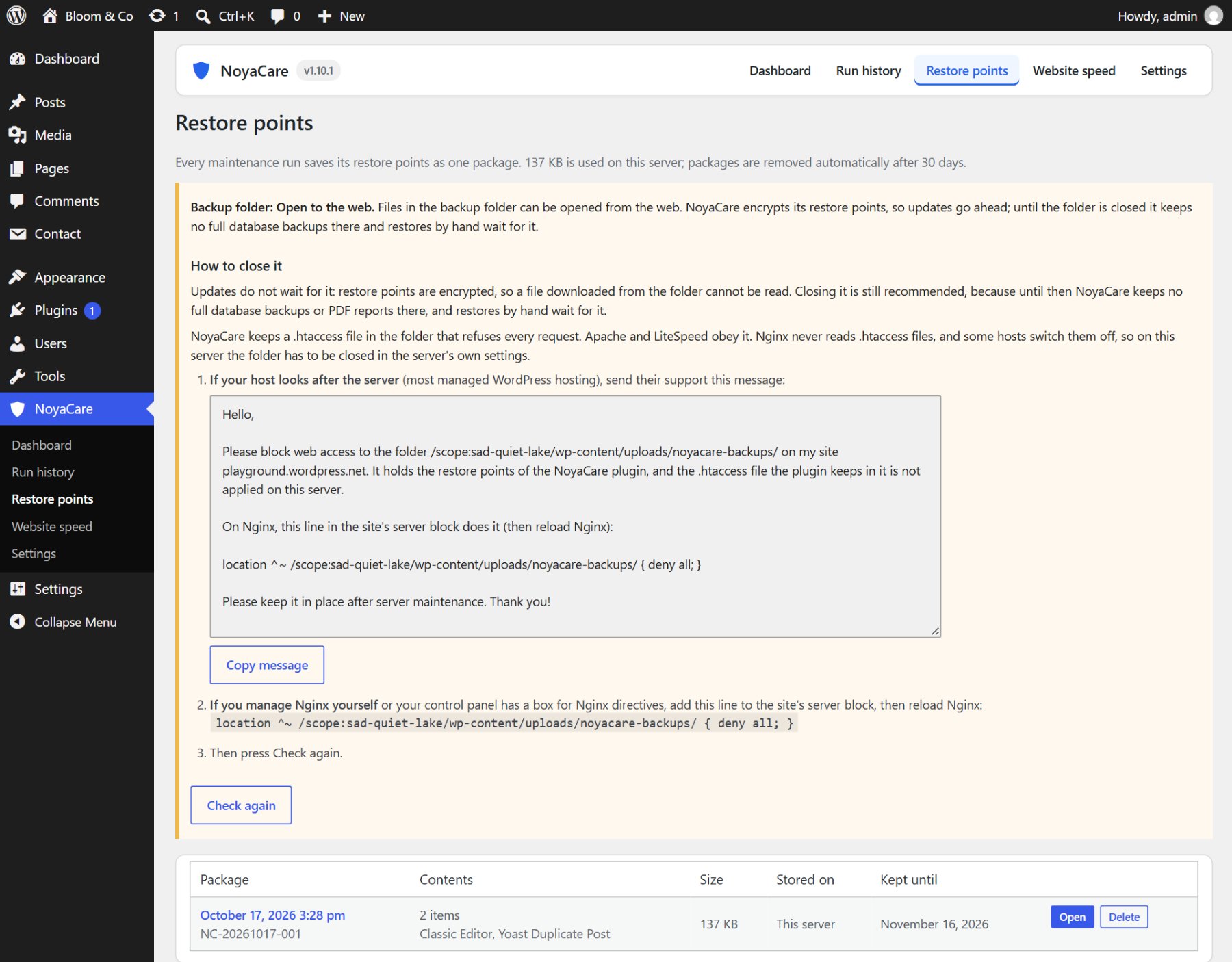 NoyaCare Restore points screen with encrypted restore points, the backup folder check and a message for the host