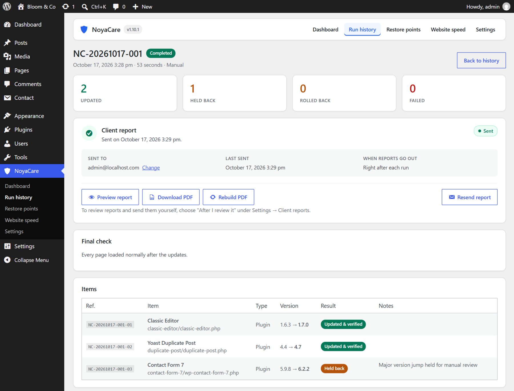 NoyaCare run screen with a completed maintenance run: two plugins updated and verified, one held back, the client report and the final check