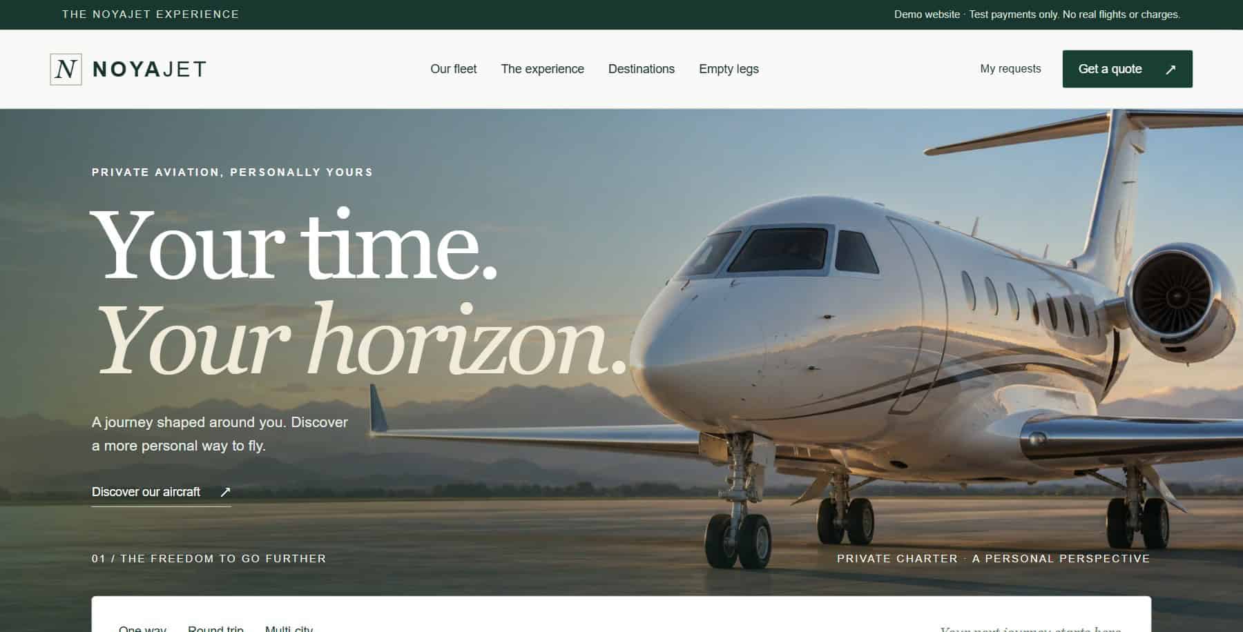 NoyaJet homepage with the private jet hero and booking card