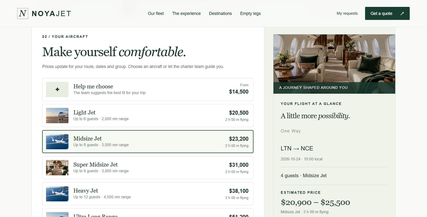 NoyaJet booking form showing a live price for every aircraft and the estimated price range