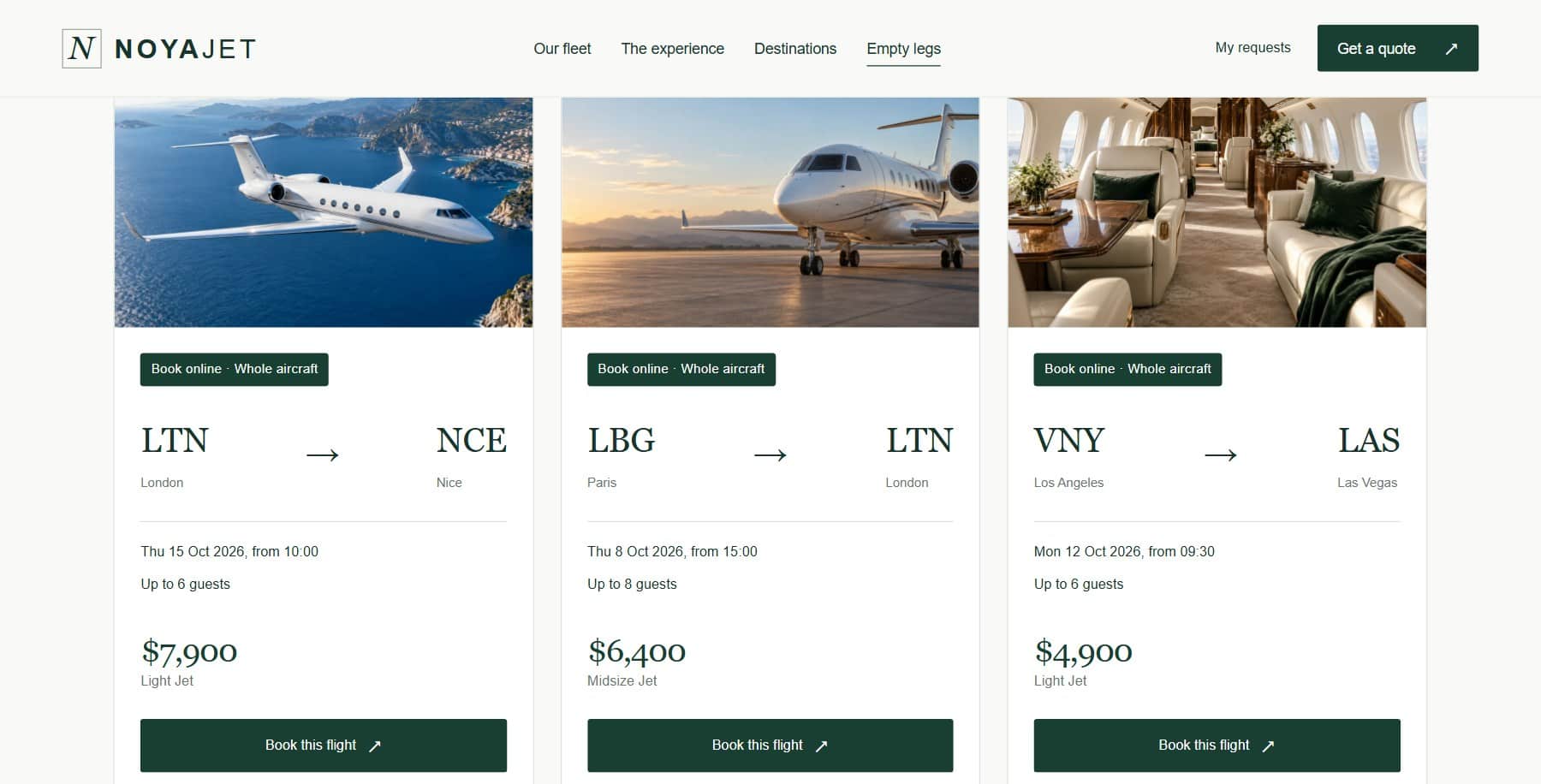 NoyaJet empty legs with fixed prices and Book this flight buttons
