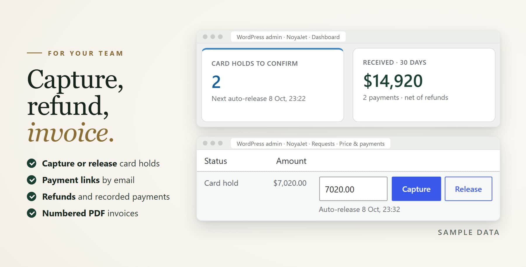 NoyaJet admin: card holds to confirm, money received and the Price & payments panel with Capture and Release