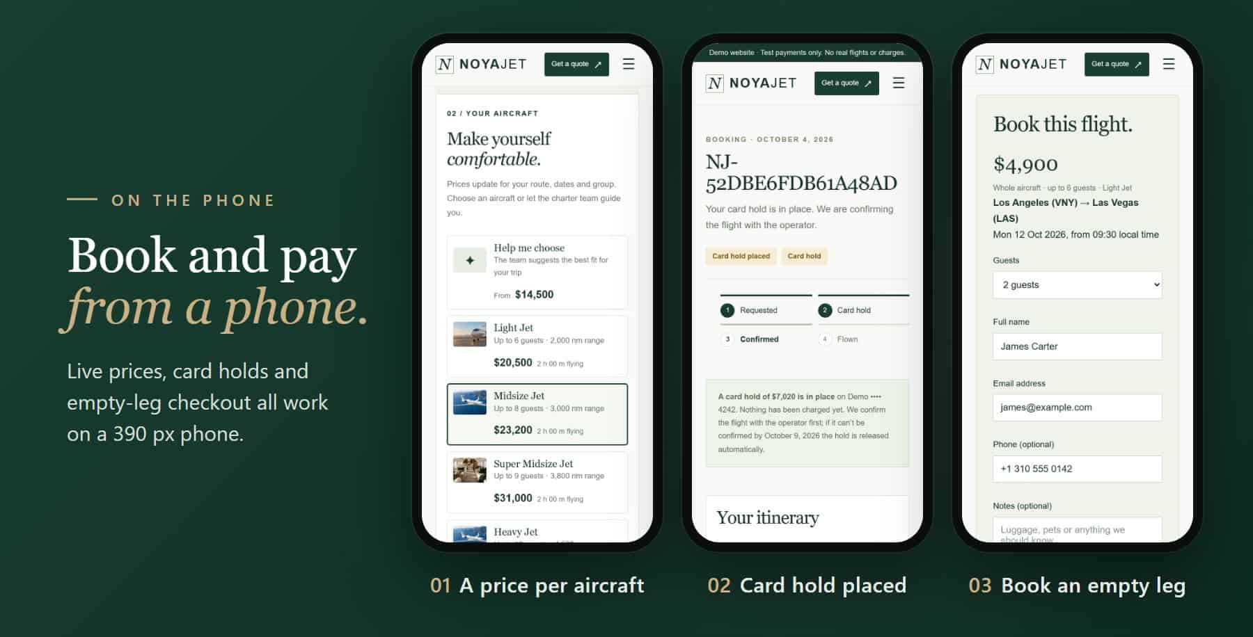 NoyaJet booking form, booking page and empty-leg checkout on phone screens