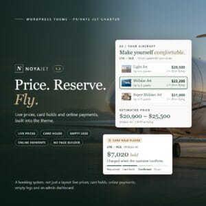 NoyaJet private jet charter WordPress theme with live prices, card holds and online payments