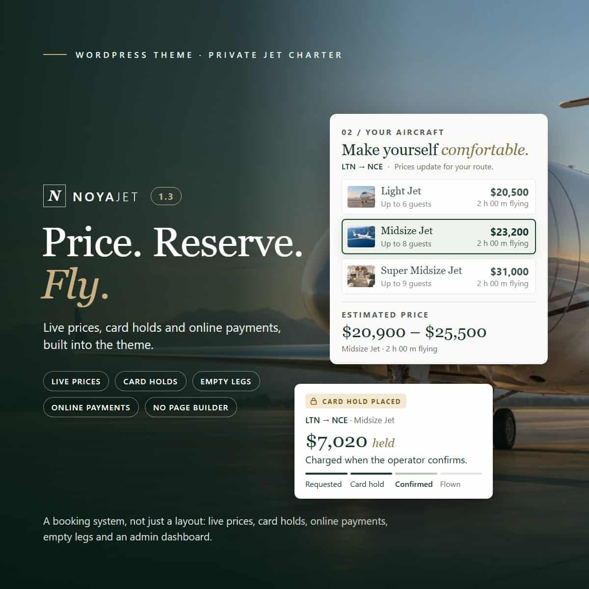 NoyaJet private jet charter WordPress theme with live prices, card holds and online payments